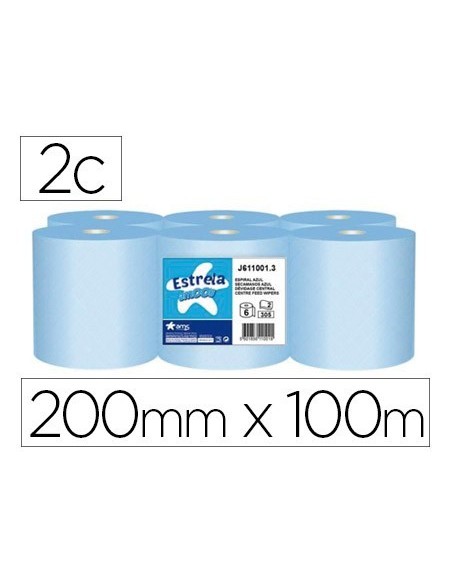 PAPEL SECAMANOS AMOOS 2 CAPAS 200 MM X 100 MT COLOR AZUL PAQUETE DE 6 ROLLOS