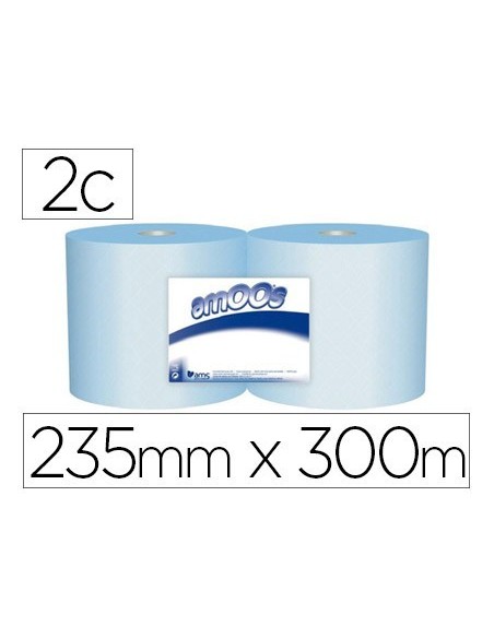 PAPEL SECAMANOS INDUSTRIAL AMOOS 2 CAPAS 235 MM X 300 MT COLOR AZUL PAQUETE DE 2 ROLLOS