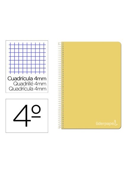 CUADERNO ESPIRAL LIDERPAPEL CUARTO WITTY TAPA DURA 80H 75GR CUADRO 4MM CON MARGEN COLOR AMARILLO