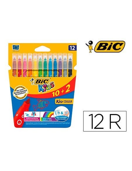 ROTULADOR BIC KIDS COULEUR ESTUCHE DE 10+2 COLORES TINTA BASE DE AGUA LAVABLE