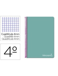 CUADERNO ESPIRAL LIDERPAPEL CUARTO WITTY TAPA DURA 80H 75GR CUADRO 4MM CON MARGEN COLOR TURQUESA