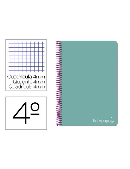 CUADERNO ESPIRAL LIDERPAPEL CUARTO WITTY TAPA DURA 80H 75GR CUADRO 4MM CON MARGEN COLOR TURQUESA