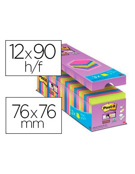 BLOC DE NOTAS ADHESIVA QUITA Y PON POST-IT SUPER STICKY 76X76 MM 90 HOJAS COLORES SURTIDOS PACK DE 21 + 3