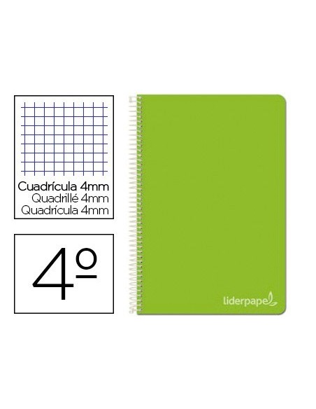 CUADERNO ESPIRAL LIDERPAPEL CUARTO WITTY TAPA DURA 80H 75GR CUADRO 4MM CON MARGEN COLOR VERDE