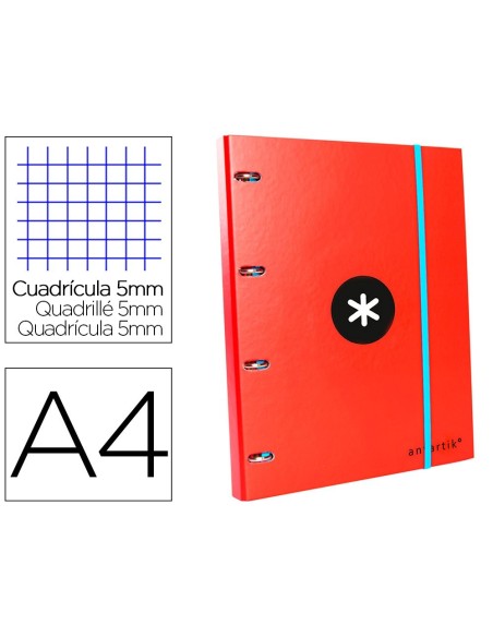 CARPETA CON RECAMBIO LIDERPAPEL ANTARTIK A4 CUADRO 5 MM FORRADA 4 ANILLAS 25MM COLOR ROJO