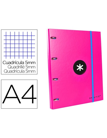 CARPETA CON RECAMBIO LIDERPAPEL ANTARTIK A4 CUADRO 5 MM FORRADA 4 ANILLAS 25MM COLOR ROSA