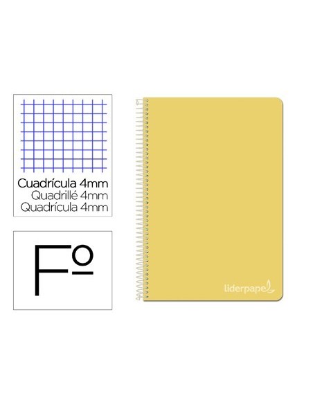 CUADERNO ESPIRAL LIDERPAPEL FOLIO WITTY TAPA DURA 80H 75GR CUADRO 4MM CON MARGEN COLOR AMARILLO