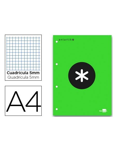 BLOC ENCOLADO LIDERPAPEL ANTARTIK CUADRO 5 MM A4 NATURAL 80 H 100 GR COLOR VERDE