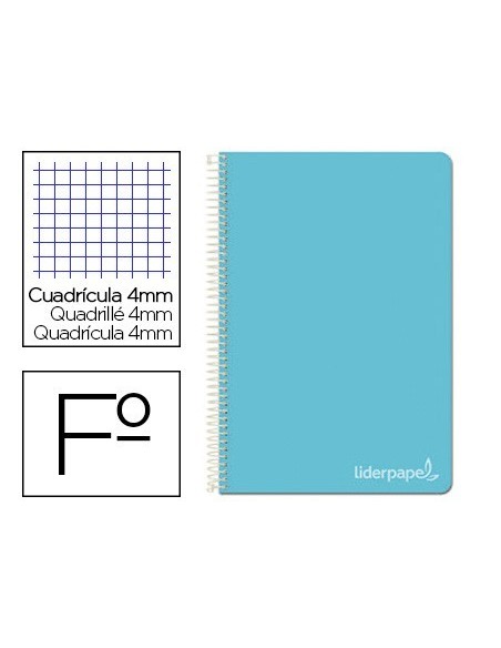CUADERNO ESPIRAL LIDERPAPEL FOLIO WITTY TAPA DURA 80H 75GR CUADRO 4MM CON MARGEN COLOR CELESTE