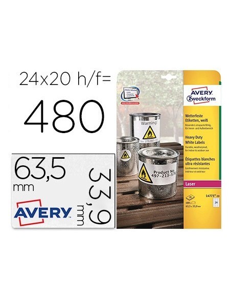 ETIQUETA ADHESIVA AVERY POLIESTER BLANCO 63,5X33,9 MM PARA IMPRESORA LASER PACK DE 480 UNIDADES