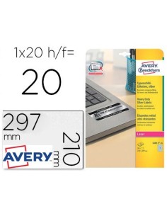 ETIQUETA ADHESIVA AVERY POLIESTER PLATA 210X297 MM PARA IMPRESORA LASER PACK DE 20 UNIDADES