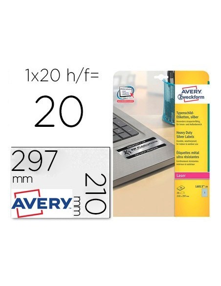 ETIQUETA ADHESIVA AVERY POLIESTER PLATA 210X297 MM PARA IMPRESORA LASER PACK DE 20 UNIDADES