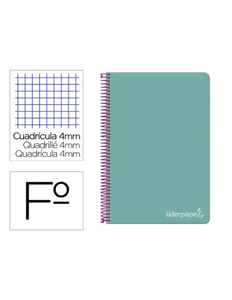 CUADERNO ESPIRAL LIDERPAPEL FOLIO WITTY TAPA DURA 80H 75GR CUADRO 4MM CON MARGEN COLOR TURQUESA