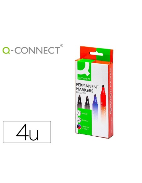 ROTULADOR Q-CONNECT MARCADOR PERMANENTE ESTUCHE DE 4 COLORES SURTIDOS PUNTA REDONDA 3.0 MM