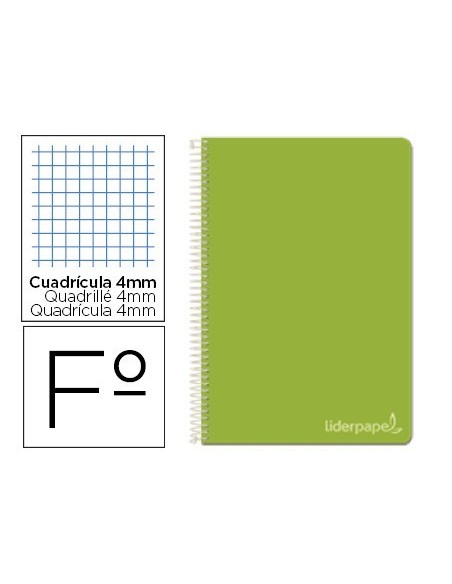 CUADERNO ESPIRAL LIDERPAPEL FOLIO WITTY TAPA DURA 80H 75GR CUADRO 4MM CON MARGEN COLOR VERDE