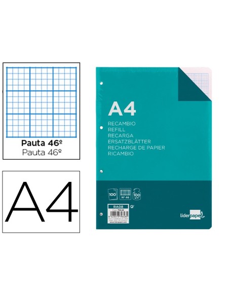 RECAMBIO LIDERPAPEL A4 100 HOJAS 100 G/M2 RAYADO N. 46 4 TALADROS