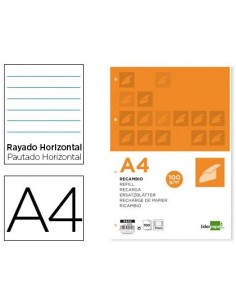 RECAMBIO LIDERPAPEL A4 100 HOJAS 100 G/M2 RAYADO HORIZONTAL CON MARGEN 4 TALADROS