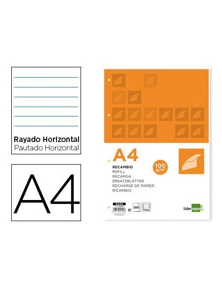 RECAMBIO LIDERPAPEL A4 100 HOJAS 100 G/M2 RAYADO HORIZONTAL CON MARGEN 4 TALADROS