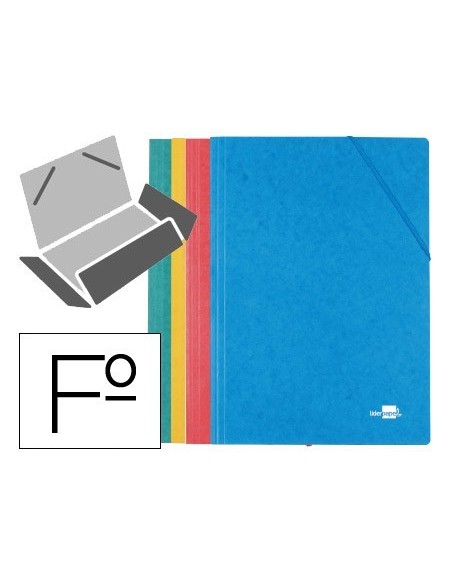 CARPETA LIDERPAPEL GOMAS FOLIO 3 SOLAPAS CARTON SIMIL PRESPAN PACK DE 4 UNIDADES COLORES SURTIDOS