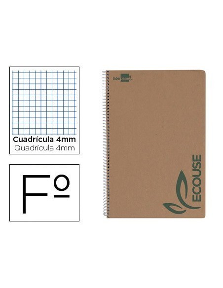 CUADERNO ESPIRAL LIDERPAPEL FOLIO ECOUSE TAPA CARTULINA KRAFT 80H PAPEL RECICLADO 80 GR CUADRO 4MM CON MARGEN