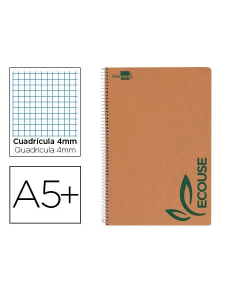 CUADERNO ESPIRAL LIDERPAPEL CUARTO ECOUSE TAPA CARTULINA KRAFT 80H PAPEL RECICLADO 80 GRCUADRO 4MM