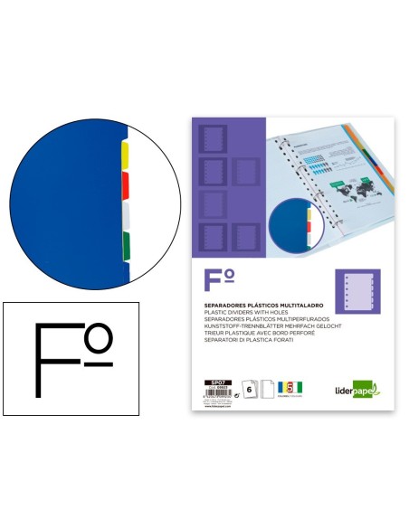 SEPARADOR LIDERPAPEL PLASTICO JUEGO DE 6 SEPARADORES FOLIO 16 TALADROS