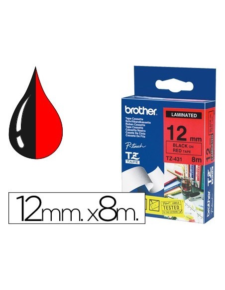 CINTA BROTHER TZE431 LAMINADA NEGRO-ROJO 12MM X 8MTS