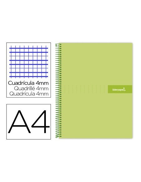 CUADERNO ESPIRAL LIDERPAPEL A4 CRAFTY TAPA FORRADA 80H 90 GR CUADRO 4MM CON MARGEN COLOR VERDE
