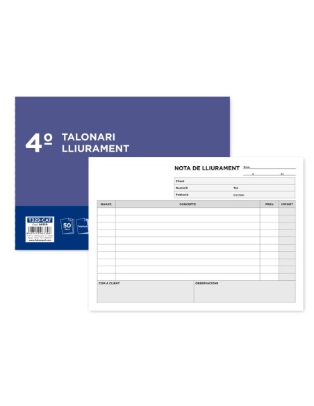 TALONARIO LIDERPAPEL ENTREGAS CUARTO ORIGINAL Y 2 COPIAS T329 APAISADO TEXTO EN CATALAN
