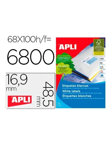 ETIQUETAS ADHESIVAS APLI 01282 TAMAÑO 48,5X16,9 MM PARA FOTOCOPIADORA LASER INK-JET CAJA DE 100H DINA4 6800 ETIQU