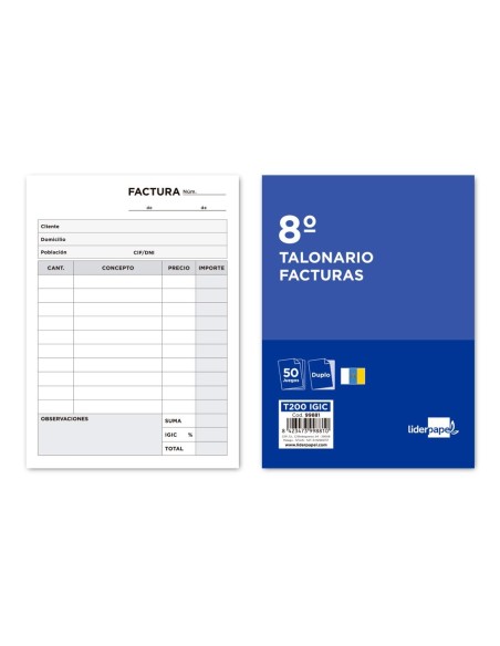 TALONARIO LIDERPAPEL FACTURAS 8. ORIGINAL Y COPIA T200 CON I.G.I.C