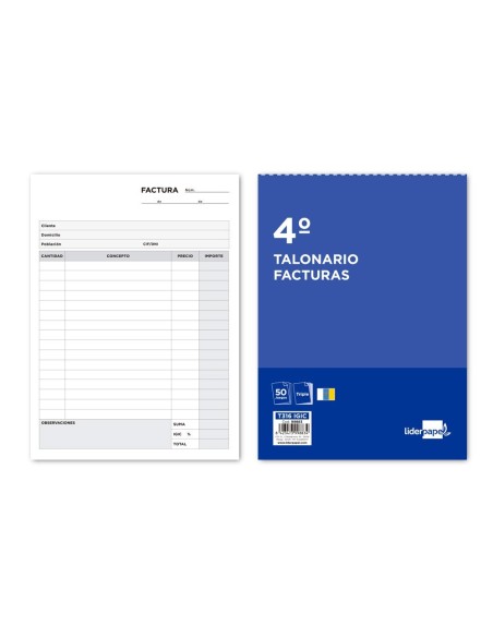 TALONARIO LIDERPAPEL FACTURAS CUARTO ORIGINAL Y 2 COPIAS T316 CON I.G.I.C.
