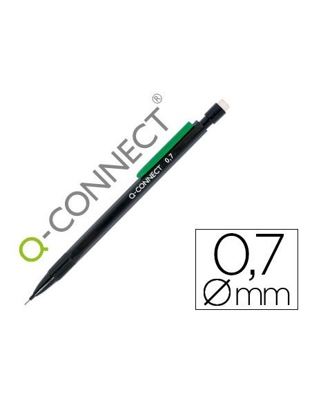 PORTAMINAS Q-CONNECT 0,7 MM CON 3 MINAS CUERPO NEGRO CON CLIP VERDE