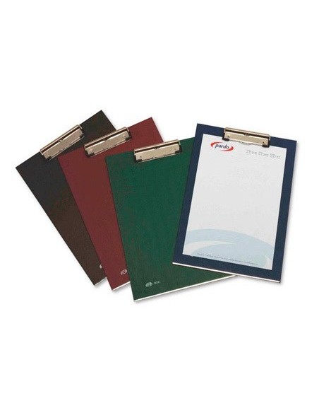 PORTANOTAS PARDO CARTON FORRADO PVC FOLIO CON PINZA METALICA BURDEOS