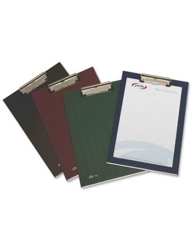 PORTANOTAS PARDO CARTON FORRADO PVC FOLIO CON PINZA METALICA VERDE