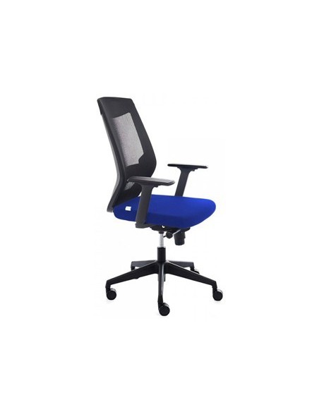SILLA ROCADA DE OFICINA CON BRAZOS TAPIZADA EN TELA IGNIFUGA AZUL Y RESPALDO EN POLIMERO NEGRO