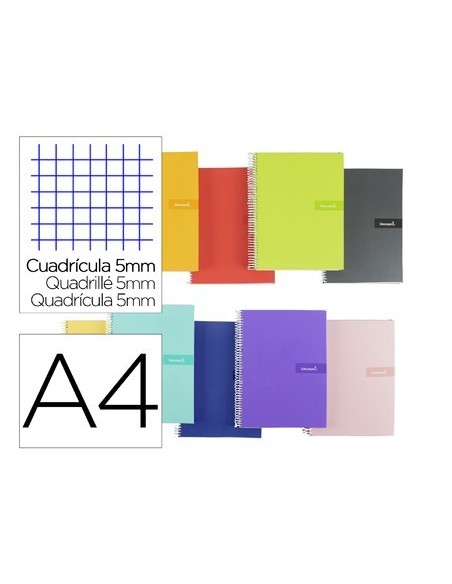 CUADERNO ESPIRAL LIDERPAPEL A4 CRAFTY TAPA FORRADA 80H 90 GR CUADRO 5 MM CON MARGEN COLORES SURTIDOS