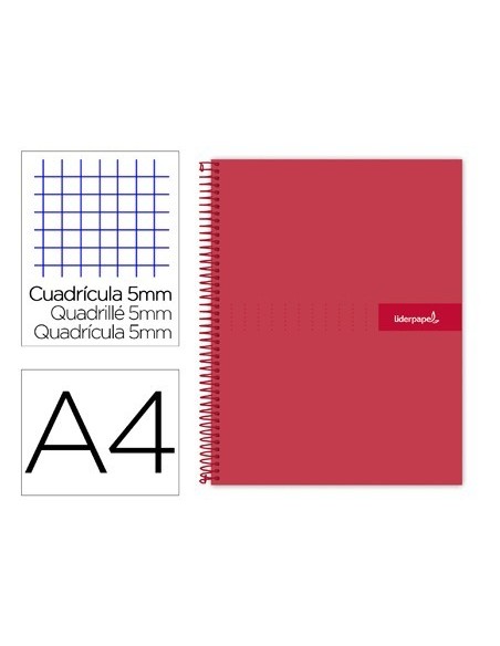 CUADERNO ESPIRAL LIDERPAPEL A4 MICRO CRAFTY TAPA FORRADA 120H 90 GR CUADRO 5 MM 5 BANDAS 4 COLORES COLOR ROJO