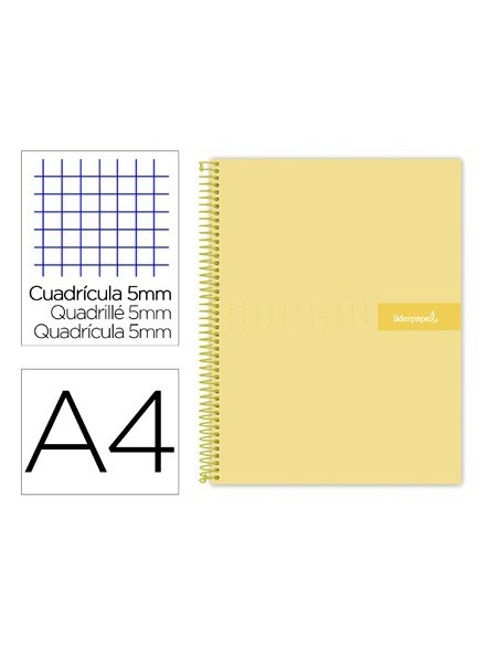 CUADERNO ESPIRAL LIDERPAPEL A4 MICRO CRAFTY TAPA FORRADA 120H 90GR CUADRO 5MM 5 BANDAS 4 TALADROS COLOR AMARILLO