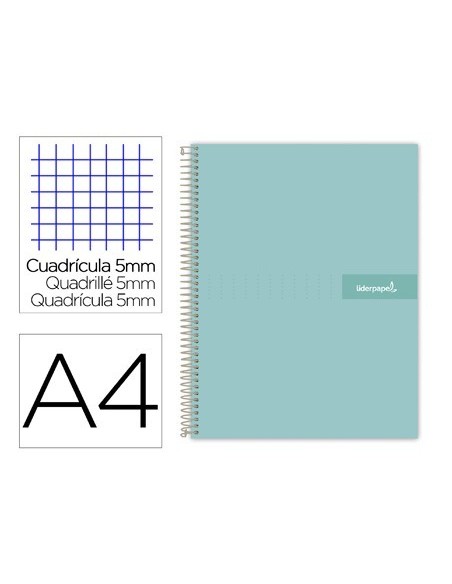 CUADERNO ESPIRAL LIDERPAPEL A4 MICRO CRAFTY TAPA FORRADA 120H 90GR CUADRO 5MM 5 BANDAS 4 TALADROS COLOR TURQUESA