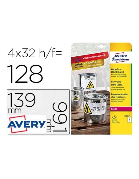 ETIQUETA ADHESIVA AVERY POLIESTER BLANCO 99,1X139 MM PARA IMPRESORA LASER PACK DE 32 UNIDADES