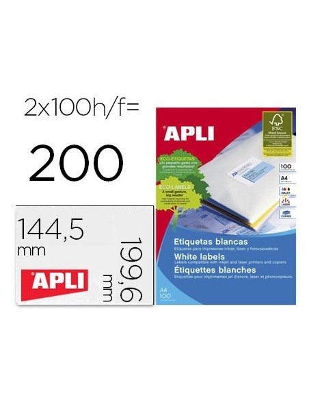 ETIQUETA ADHESIVA APLI 2423 TAMAÑO 199,6X144,5 MM FOTOCOPIADORA LASER INK-JET CAJA CON 100 HOJAS DIN A4