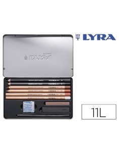 LAPICES LYRA REMBRANDT MONOCROMO CON ACCESORIOS PARA ESBOZOS CAJA METALICA DE 11 UNIDADES
