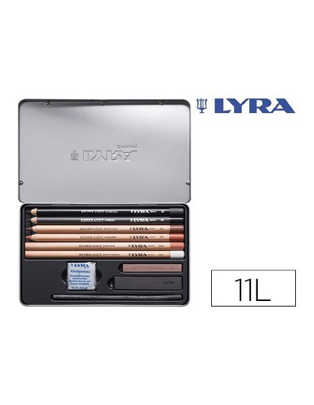 LAPICES LYRA REMBRANDT MONOCROMO CON ACCESORIOS PARA ESBOZOS CAJA METALICA DE 11 UNIDADES