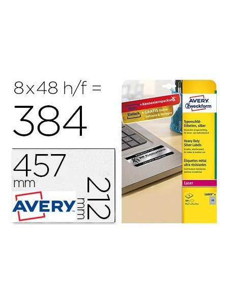 ETIQUETA ADHESIVA AVERY POLIESTER PLATA 45,7X21,2 MM LASER PACK DE 8 UNIDADES