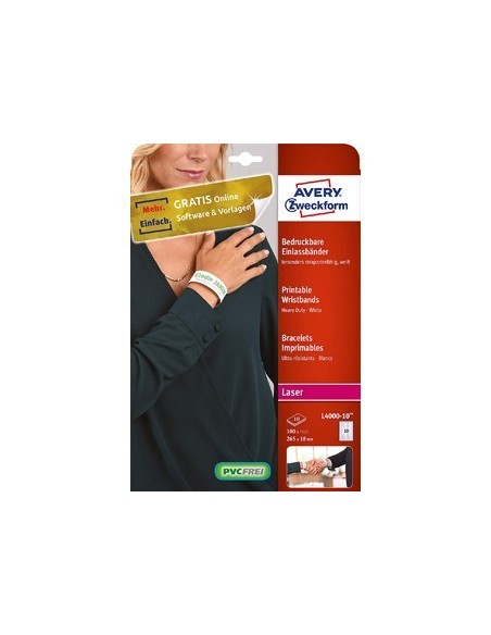 PULSERA IDENTIFICATIVA AVERY POLIETILENO BLANCA IMPRIMIBLE LASER 265X18 MM PACK DE 50 UNIDADES