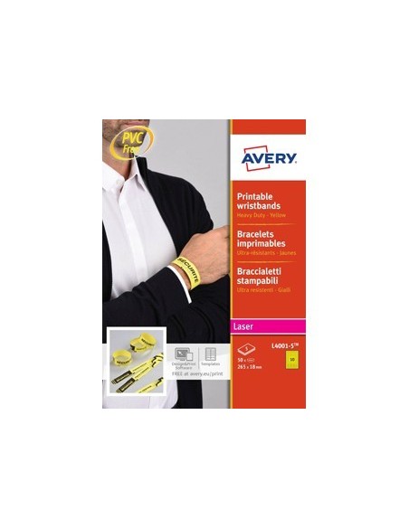 PULSERA IDENTIFICATIVA AVERY POLIETILENO AMARILLO FLUORESCENTE IMPRIMIBLE LASER 265X18 MM PACK DE 50 UNIDADES