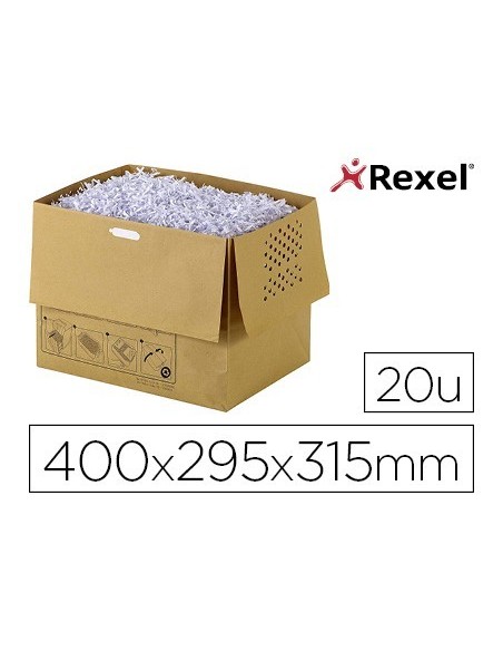 BOLSA DE RESIDUOS REXEL RECICLABLE PARA DESTRUCTORA AUTO+300X CAPACIDAD 40 L PACK DE 20 UNIDADES 400X295X315 MM