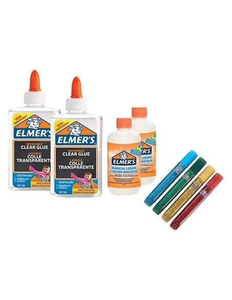 KIT ELMERS FABRICACION SLIME CON 2 BOTES COLA TRANSPARENTE + 2 BOTES LIQUIDO MAGICO + 4 BOTES PURPURINA COLORES