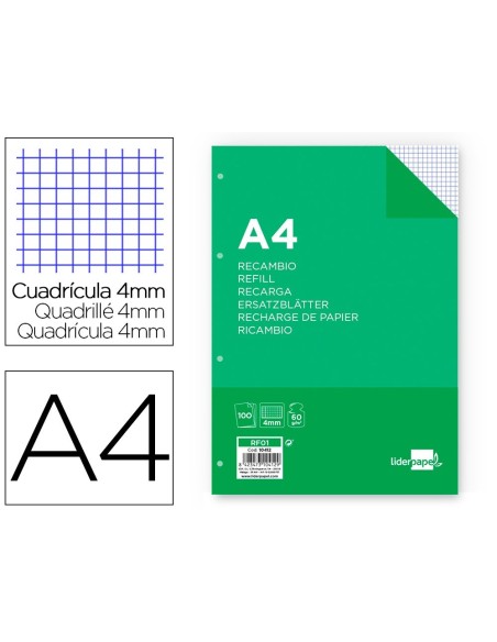 RECAMBIO LIDERPAPEL A4 100 HOJAS 60G/M2 CUADRO 4 MM CON MARGEN 4 TALADROS
